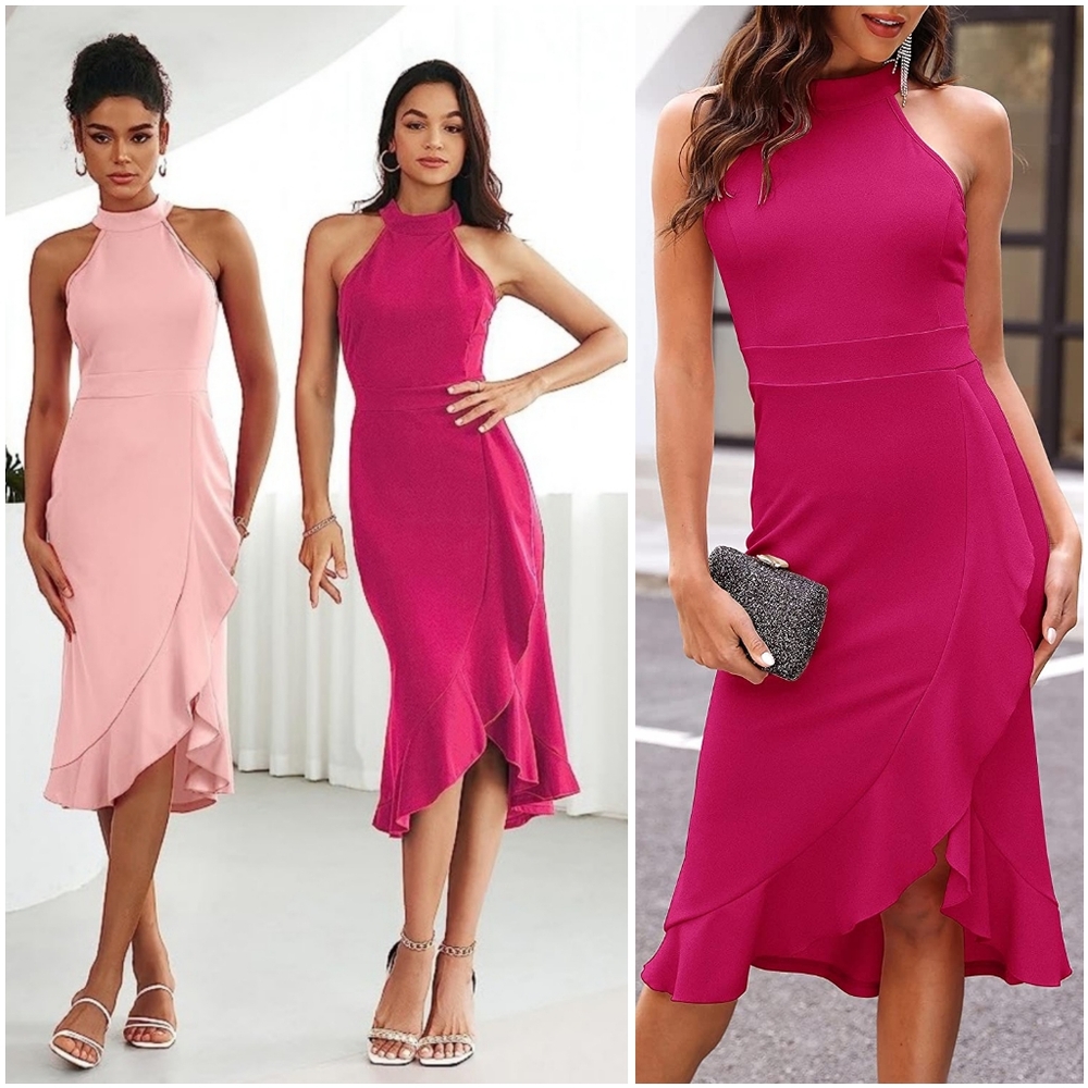 NWT Merokeety Hot Pink Halter Sleeveless Ruffle Mermaid Cocktail Midi Dress M